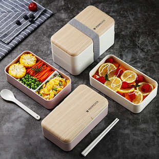 Japanese-style bamboo and wood lid double-layer plastic lunch box, microwave portable lunch box set, student and office worker lunch box pic 9