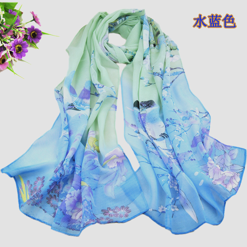 中国风印花雪纺丝巾热销 春秋防晒花鸟自然风丝巾 XQ06丝绸详情5