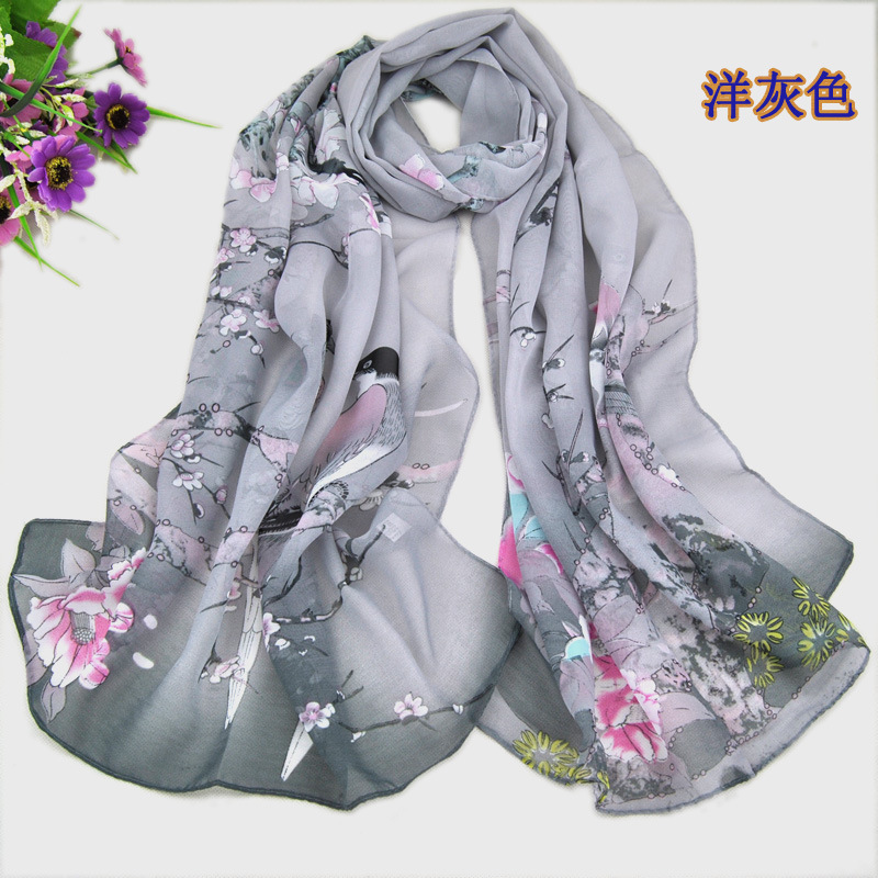 中国风印花雪纺丝巾热销 春秋防晒花鸟自然风丝巾 XQ06丝绸详情6