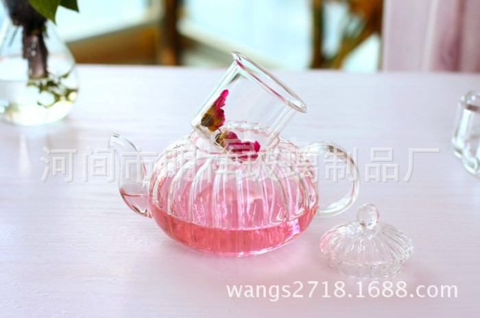 Wholesale high borosilicate heat-resistant glass tea sets, thickened filtered flower and plant teapots, striped pumpkin teapots, one-piece consignment pic 21