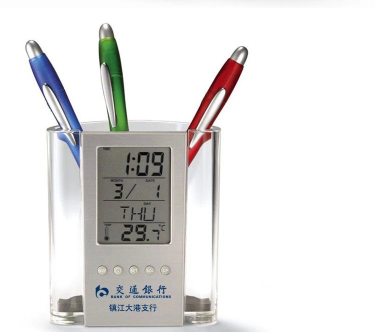 Multi-functional transparent pen holder, office stationery gift, clock display, LOGO printable electronic perpetual calendar pen holder pic 2