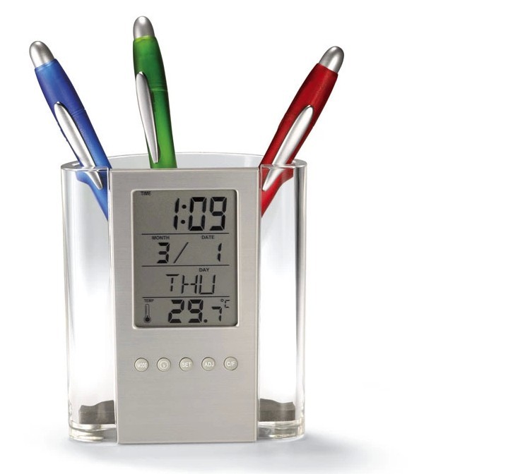 Multi-functional transparent pen holder, office stationery gift, clock display, LOGO printable electronic perpetual calendar pen holder pic 3