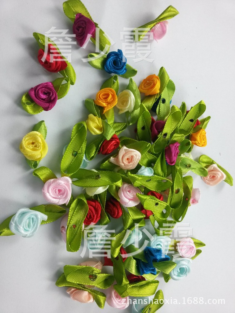 Colorful small rose craft accessories/Ribbon flowers with leaf roses/ribbon flowers 2.5x1.4cm DIY accessories pic 2