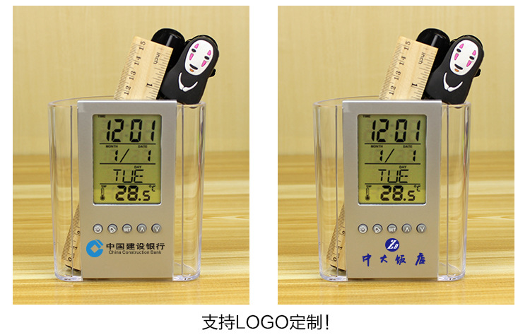 Multi-functional transparent pen holder, office stationery gift, clock display, LOGO printable electronic perpetual calendar pen holder pic 9