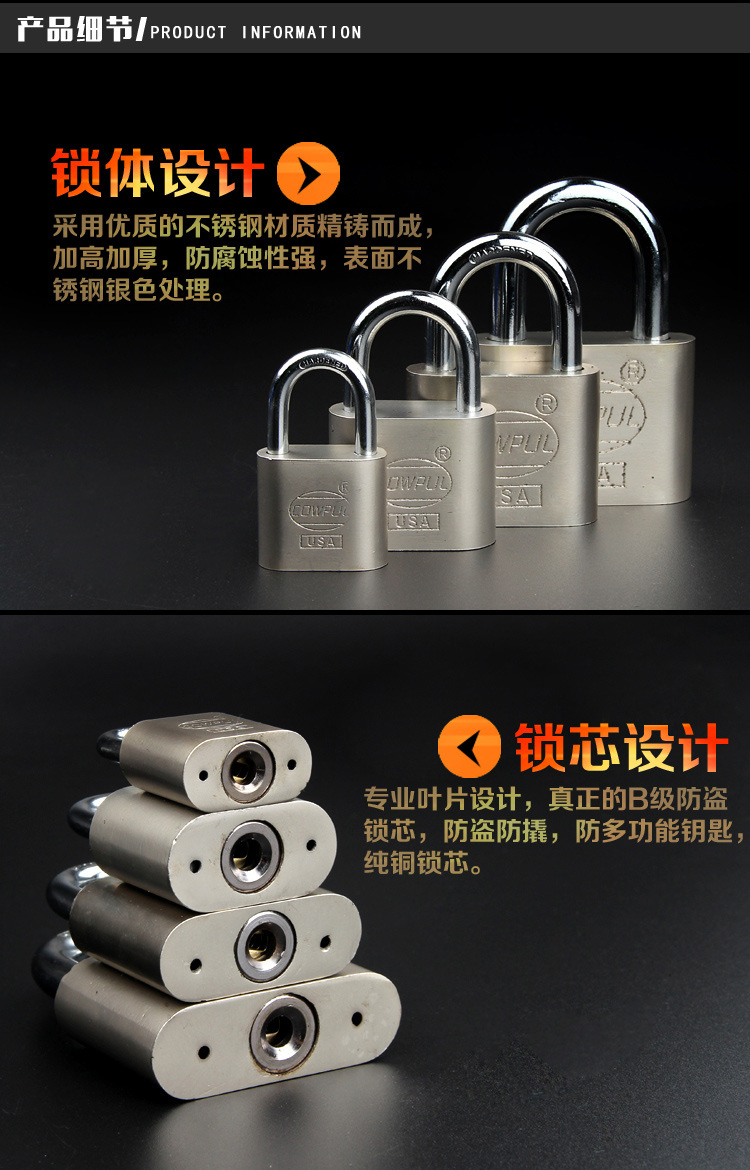 The manufacturer wholesals square blade arc-shaped white steel padlocks. The long beam is 30MM open and the short beam is made of stainless steel with chrome plating treatment pic 5