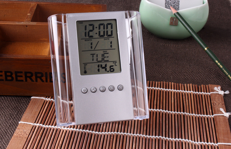 Multi-functional transparent pen holder, office stationery gift, clock display, LOGO printable electronic perpetual calendar pen holder pic 11