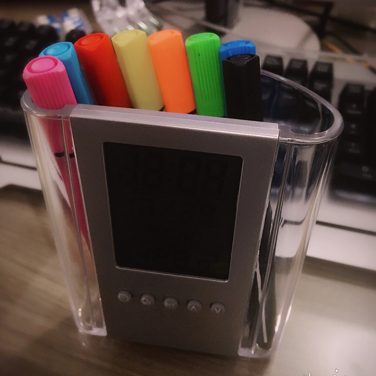 Multi-functional transparent pen holder, office stationery gift, clock display, LOGO printable electronic perpetual calendar pen holder pic 19