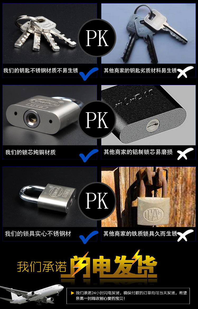 The manufacturer wholesals square blade arc-shaped white steel padlocks. The long beam is 30MM open and the short beam is made of stainless steel with chrome plating treatment pic 8