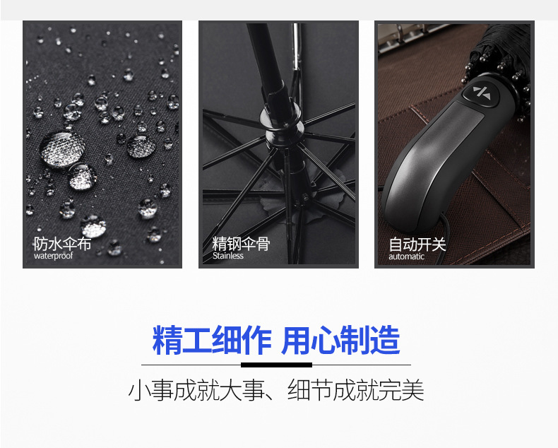 十骨全自动大号商务广告伞晴雨伞黑胶防晒三折叠伞礼品太阳伞批发详情9