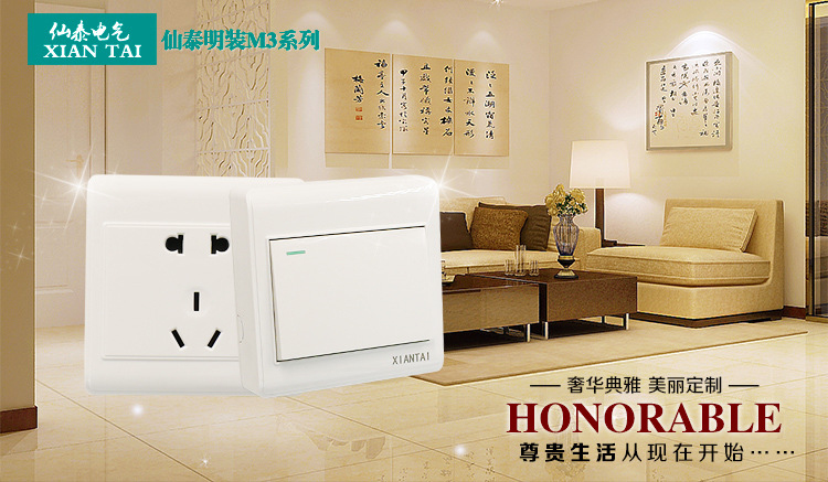 销售仙泰白色家用明装一开五孔单控开关 供应XIANTAI明装墙壁开关详情10