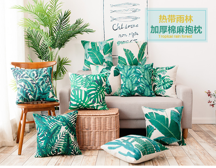 Heavyweight cotton and linen tropical rainforest leaf cactus printed throw pillow, sofa cushion, car cushion cover pic 2