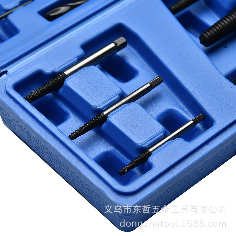 The manufacturer supplies a 12-piece set of broken screw removers in plastic boxes, including removers No. 1 to No. 6 and 6 matching drill bits pic 21