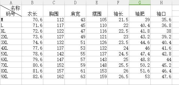 T恤尺码表