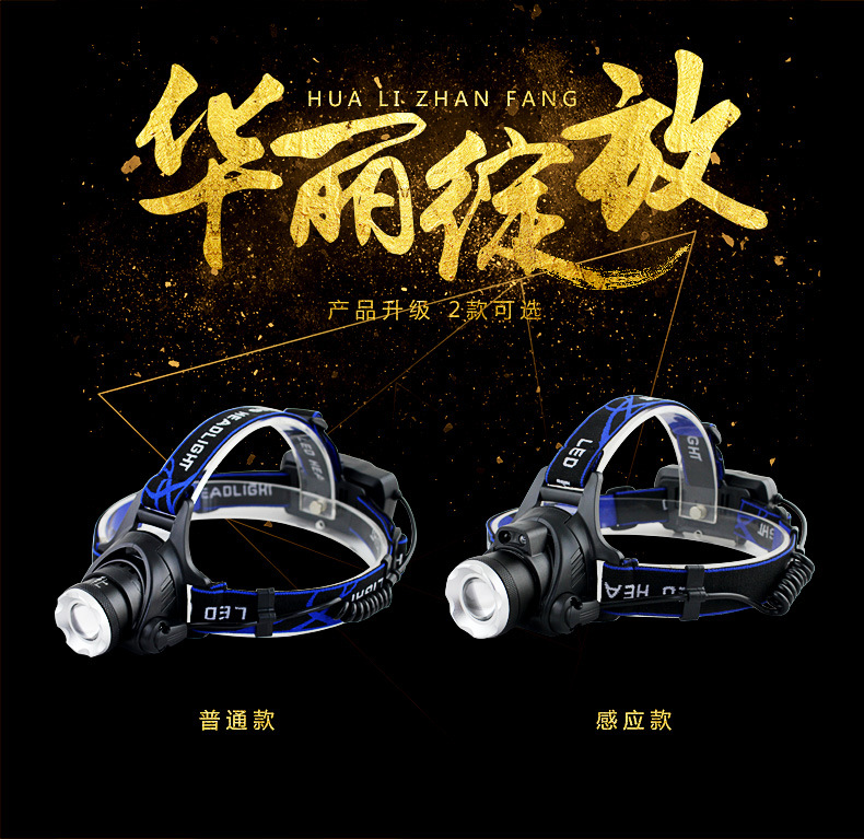 跨境户外钓鱼头灯批发T6LED强光伸缩变焦多功能头灯充电感应头灯详情7