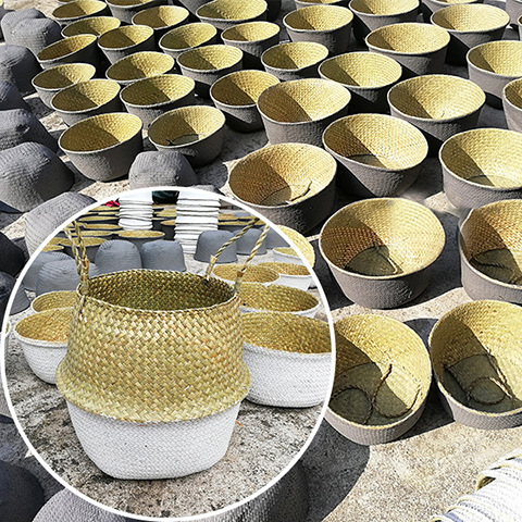 厂家批发北欧风花盆编织海草篮 家居用品草编收纳筐折叠草编花篮详情15