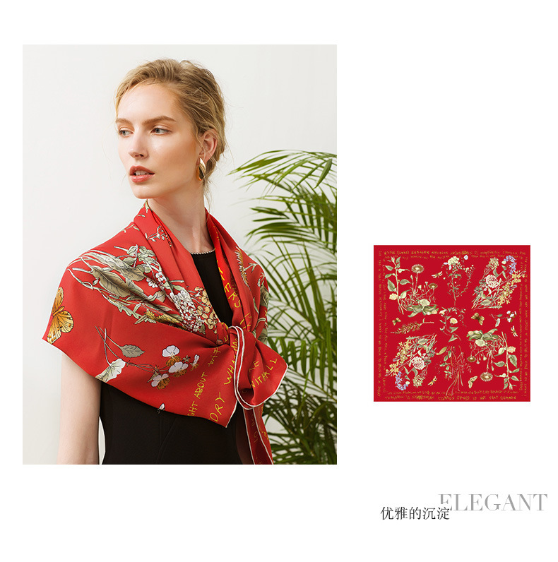Factory direct sales of 100% mulberry silk printed flower scarves, large square scarves, custom-made silk clothing accessories, sun-protective silk scarves pic 20