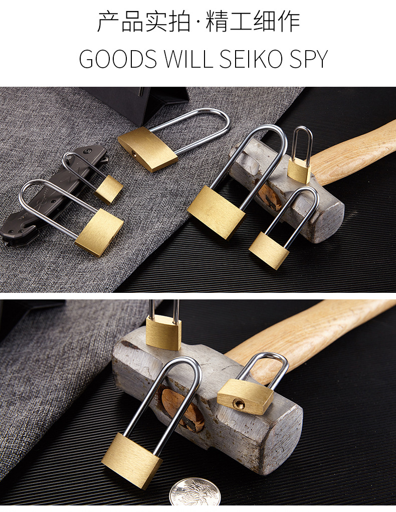 Extended lock hook, waterproof thin brass solid lock, 40mm long beam copper padlock, anti-theft window cabinet door concentric through opening copper lock pic 7