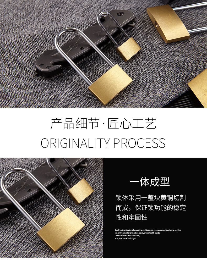 Extended lock hook, waterproof thin brass solid lock, 40mm long beam copper padlock, anti-theft window cabinet door concentric through opening copper lock pic 8