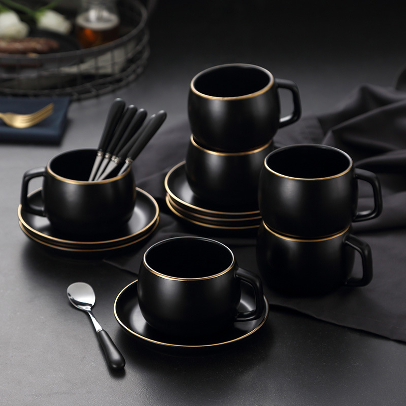 Ceramic matte black coffee cups and plates, ins light luxury gold edge afternoon tea cups, plates and spoons, Nordic-style business gifts pic 1