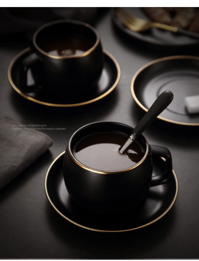 Ceramic matte black coffee cups and plates, ins light luxury gold edge afternoon tea cups, plates and spoons, Nordic-style business gifts pic 10