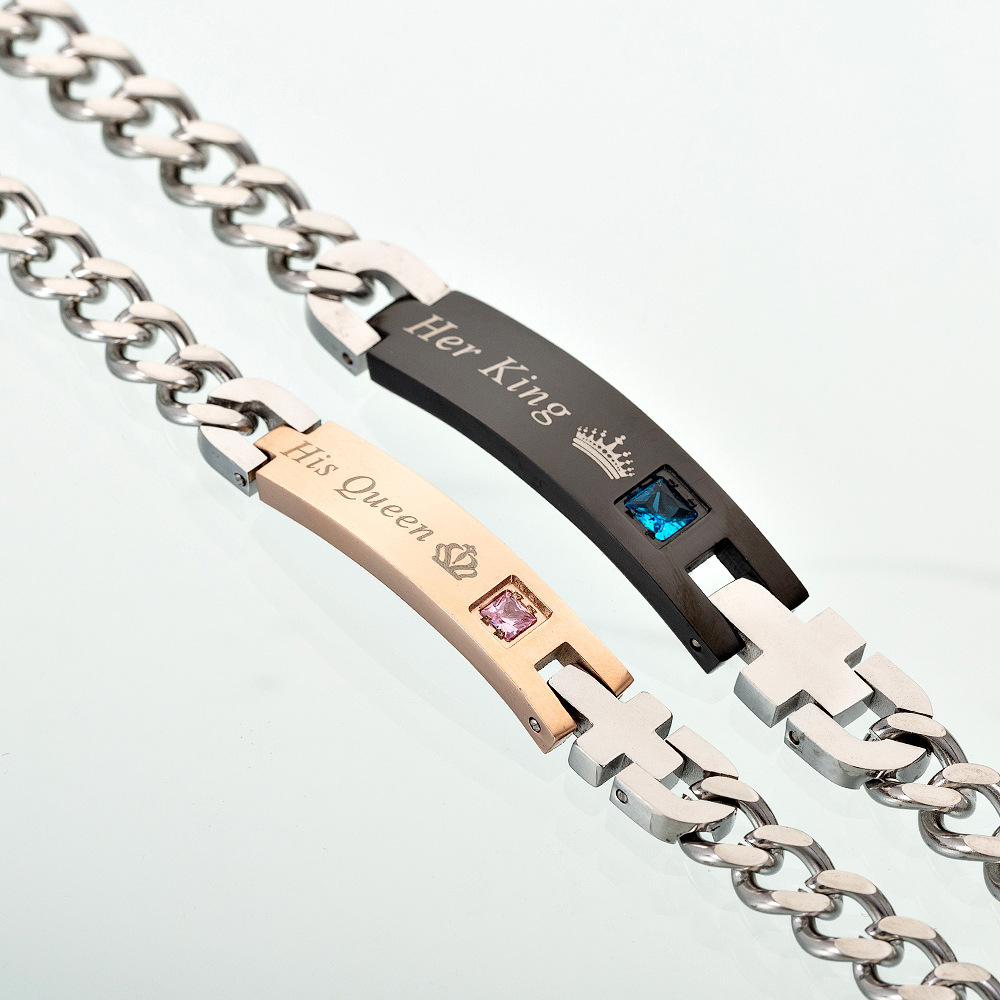 Cross-border e-commerce jewelry wholesale: Popular titanium steel zircon couple bracelets from Europe and America, KING QUEEN crown bracelets pic 3