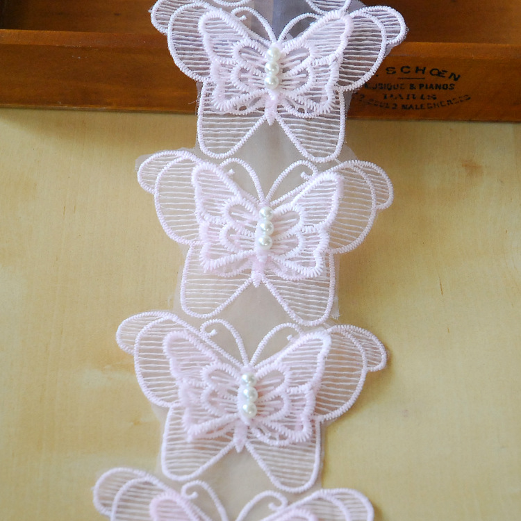 Available in stock: Organza multi-layer lace, white and pink butterfly lace, 10.5 cm wide, 20 yards each pic 7