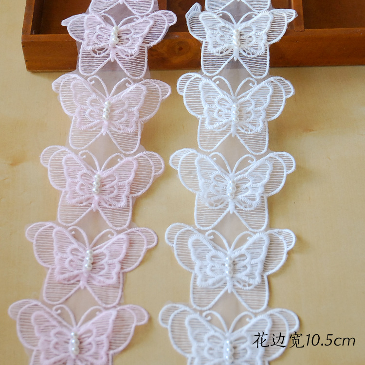 Available in stock: Organza multi-layer lace, white and pink butterfly lace, 10.5 cm wide, 20 yards each pic 6