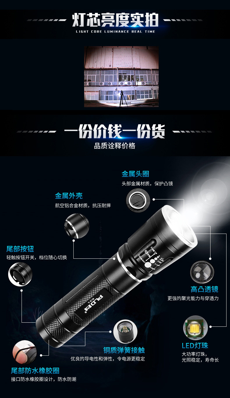 Pailide Strong Light Flashlight, aluminum alloy led retractable portable lighting flashlight, outdoor adventure waterproof flashlight pic 4