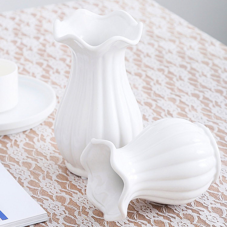 2026 White Ceramic Vase Home Decoration Sample room, Nordic ruffled edge flower vase, Chaozhou Vase manufacturer, small size pic 23