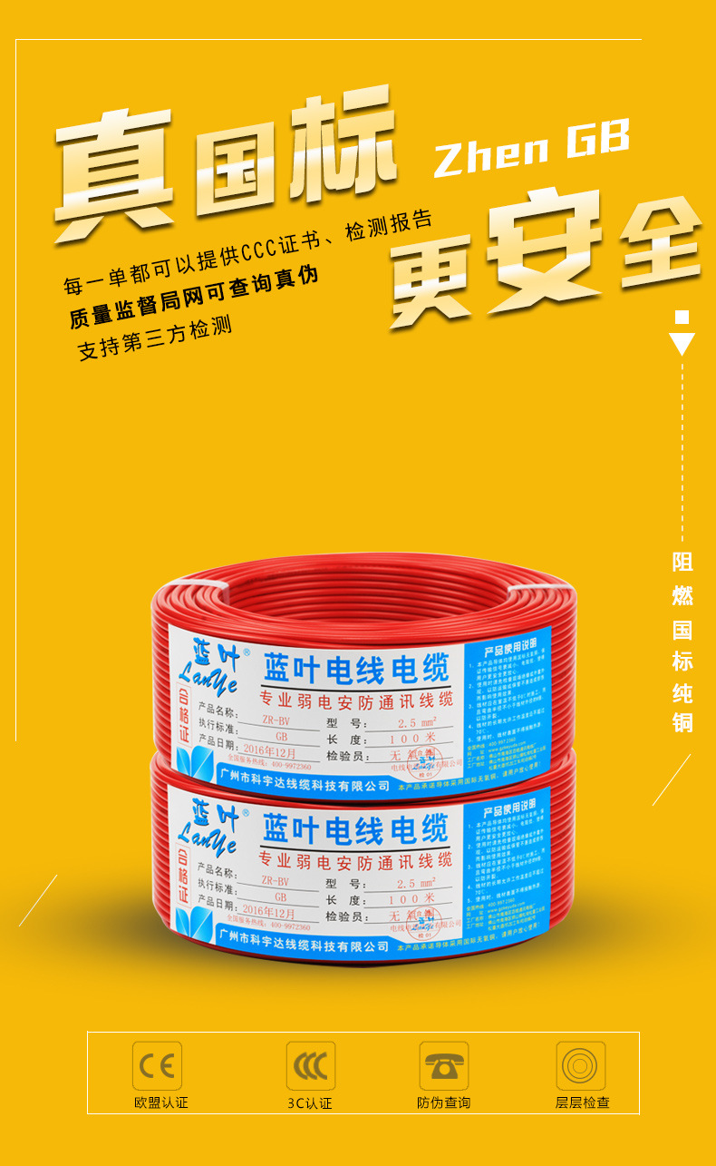 Blue Leaf National standard 2.54 square copper core wire for home decoration, 1.5/6/10 pure copper flame-retardant BV wire pic 13