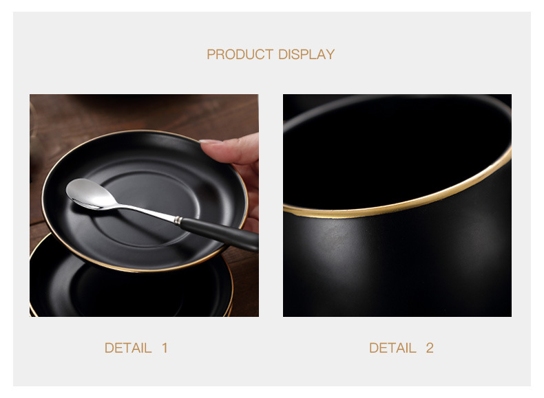Ceramic matte black coffee cups and plates, ins light luxury gold edge afternoon tea cups, plates and spoons, Nordic-style business gifts pic 14