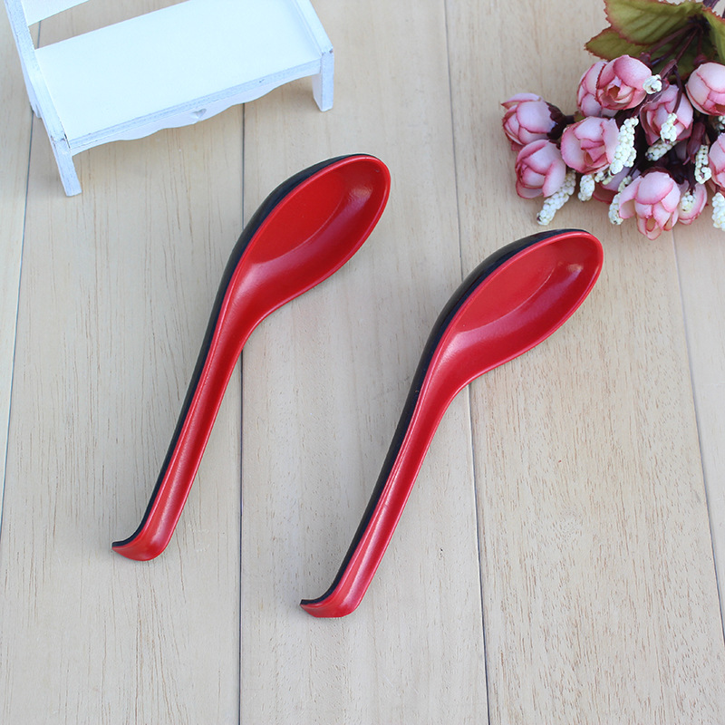 Wholesale plastic spoons, two-color spoons, imitation porcelain tableware, black and red soup spoons, upturned tail hook spoons/spoons, one yuan wholesale pic 11