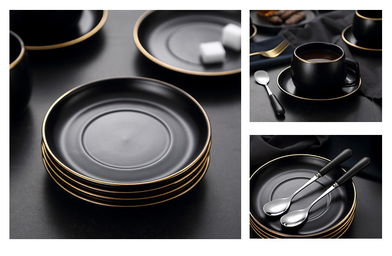 Ceramic matte black coffee cups and plates, ins light luxury gold edge afternoon tea cups, plates and spoons, Nordic-style business gifts pic 8
