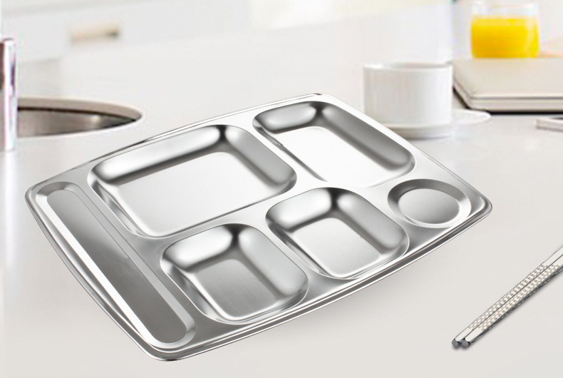 Zhenlong 05 thick stainless steel fast food plate, six-compartment rectangular, canteen, school, factory lunch plate, compartment-divided lunch box pic 23