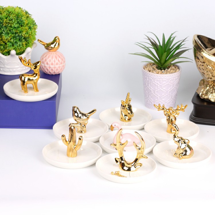 Nordic gold-plated ceramic handicrafts, gift jewelry plates, rings, watches, home storage plates, golden deer animal ornaments pic 6