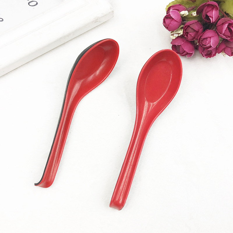 Wholesale plastic spoons, two-color spoons, imitation porcelain tableware, black and red soup spoons, upturned tail hook spoons/spoons, one yuan wholesale pic 12