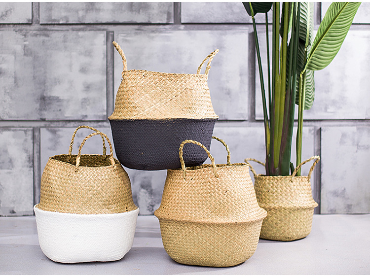 厂家批发北欧风花盆编织海草篮 家居用品草编收纳筐折叠草编花篮详情21
