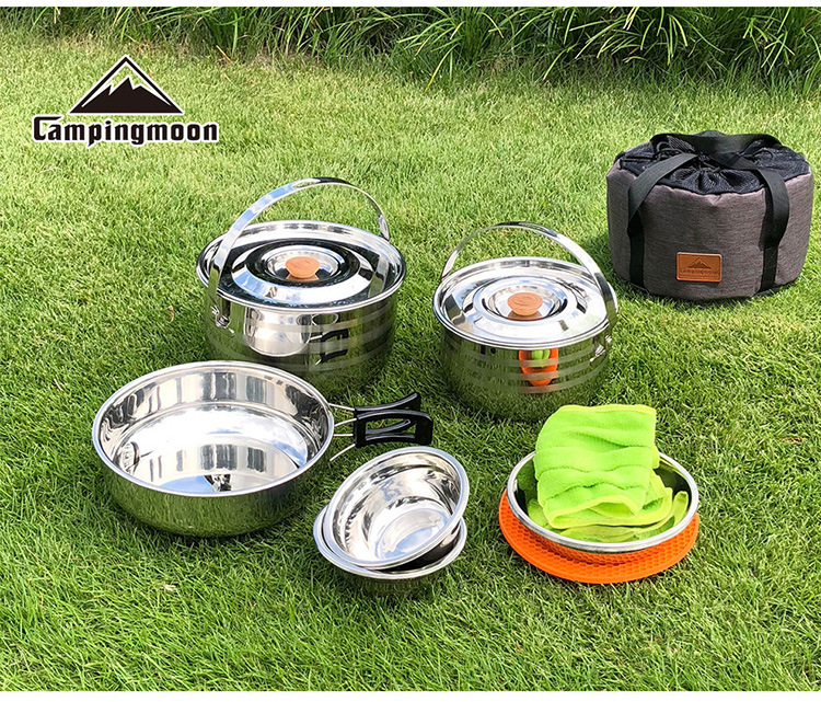 Stainless steel pot sets for outdoor 6-8 people, camping cookware, kettles, gas stoves, portable equipment, tableware, camping pic 17