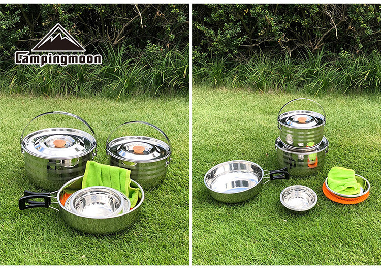 Stainless steel pot sets for outdoor 6-8 people, camping cookware, kettles, gas stoves, portable equipment, tableware, camping pic 18