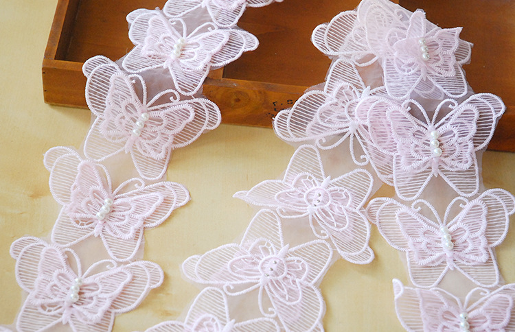 Available in stock: Organza multi-layer lace, white and pink butterfly lace, 10.5 cm wide, 20 yards each pic 11
