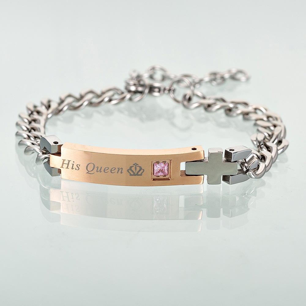 Cross-border e-commerce jewelry wholesale: Popular titanium steel zircon couple bracelets from Europe and America, KING QUEEN crown bracelets pic 5