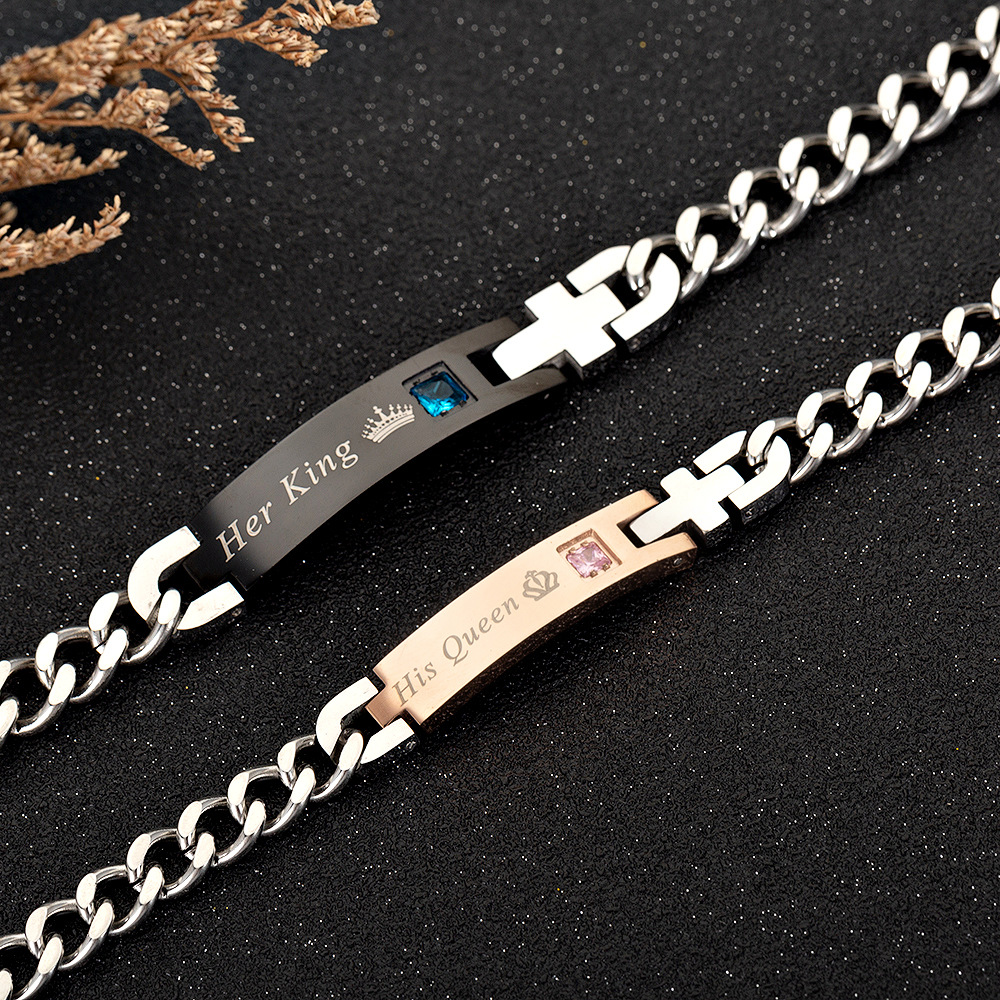 Cross-border e-commerce jewelry wholesale: Popular titanium steel zircon couple bracelets from Europe and America, KING QUEEN crown bracelets pic 2