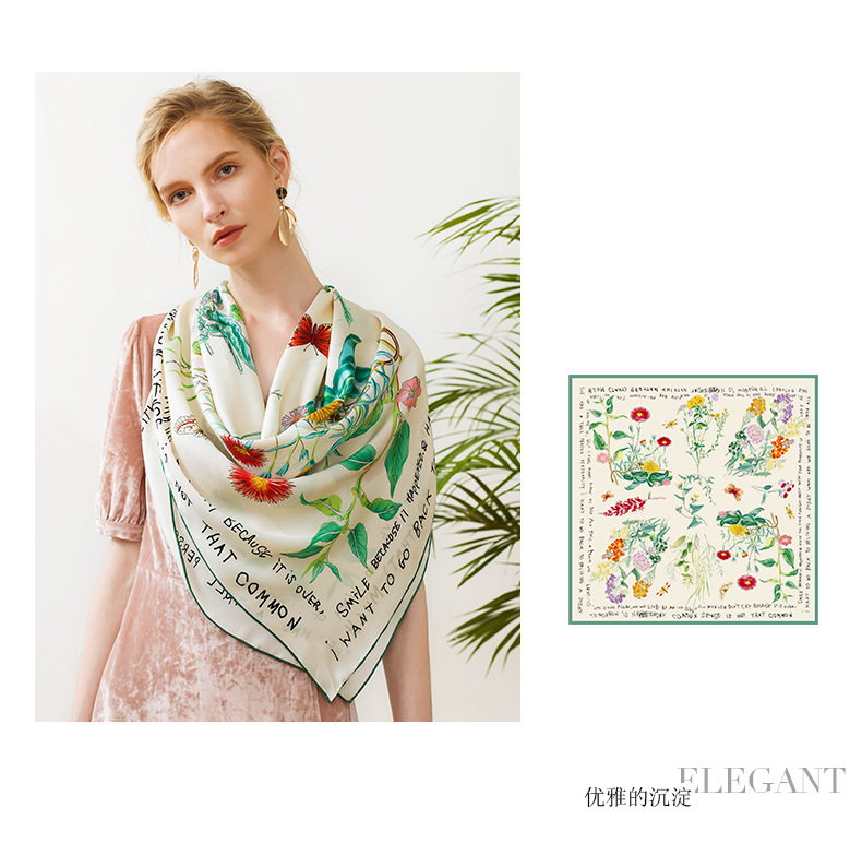 Factory direct sales of 100% mulberry silk printed flower scarves, large square scarves, custom-made silk clothing accessories, sun-protective silk scarves pic 12