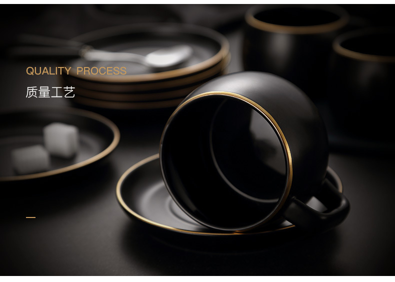 Ceramic matte black coffee cups and plates, ins light luxury gold edge afternoon tea cups, plates and spoons, Nordic-style business gifts pic 12