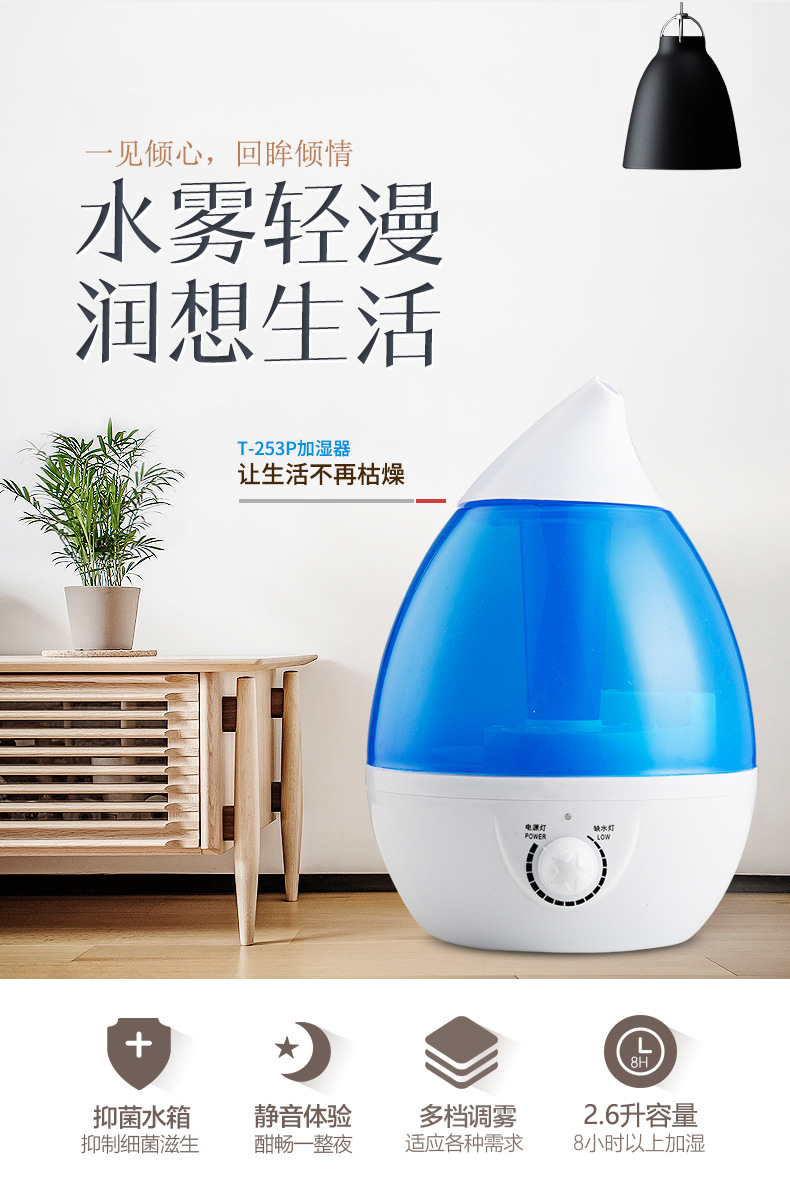家用桌面超声波雾化加湿器大雾量小家电空气香薰水滴彩灯加湿器详情2