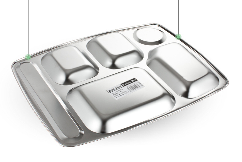 Zhenlong 05 thick stainless steel fast food plate, six-compartment rectangular, canteen, school, factory lunch plate, compartment-divided lunch box pic 30