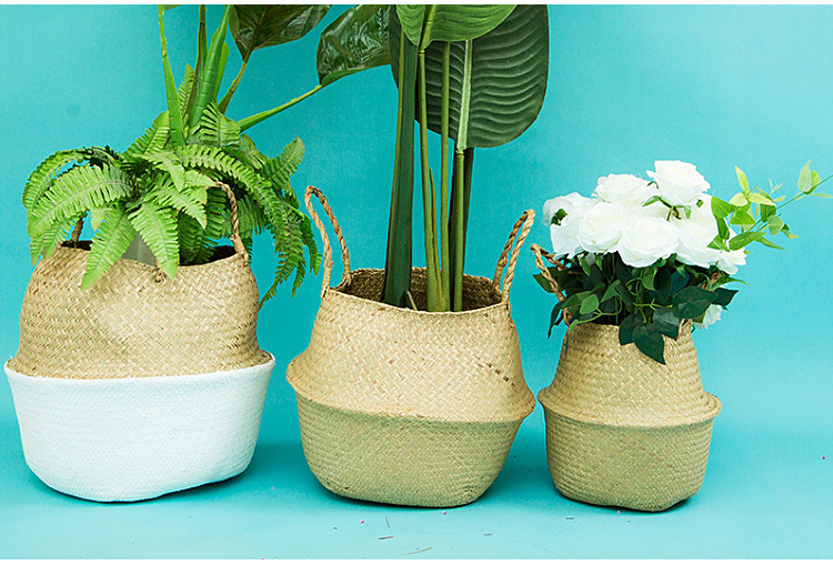 厂家批发北欧风花盆编织海草篮 家居用品草编收纳筐折叠草编花篮详情22