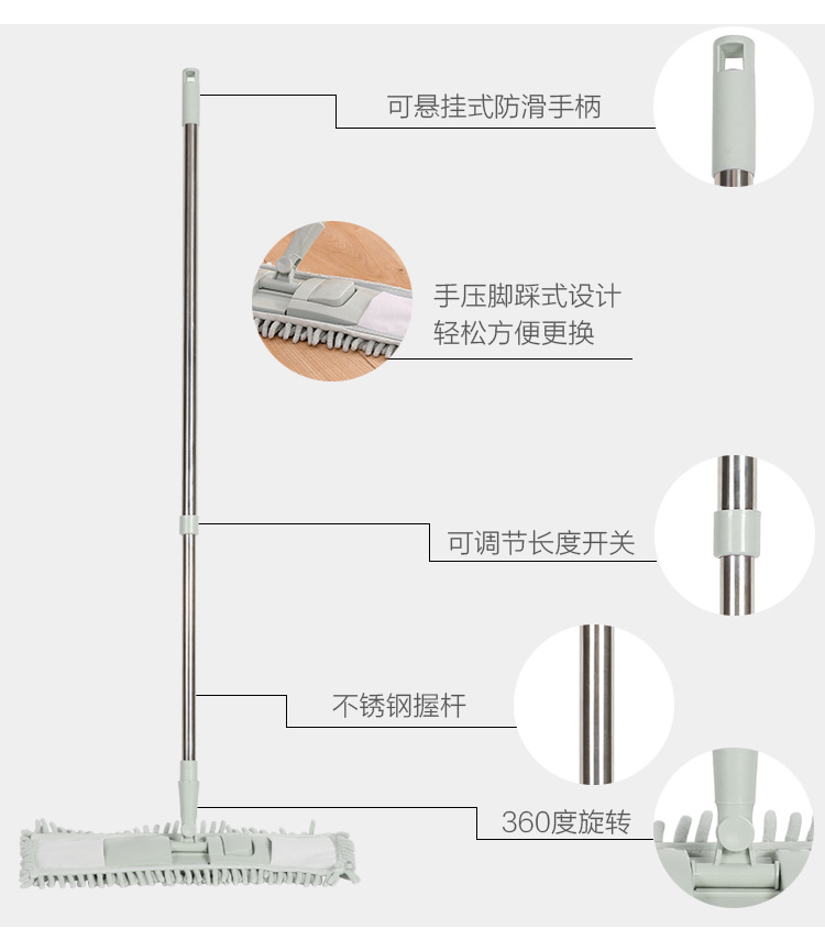 惠万居不锈钢可伸缩雪尼尔拖把 360度可旋转家用免手洗平板拖把详情13