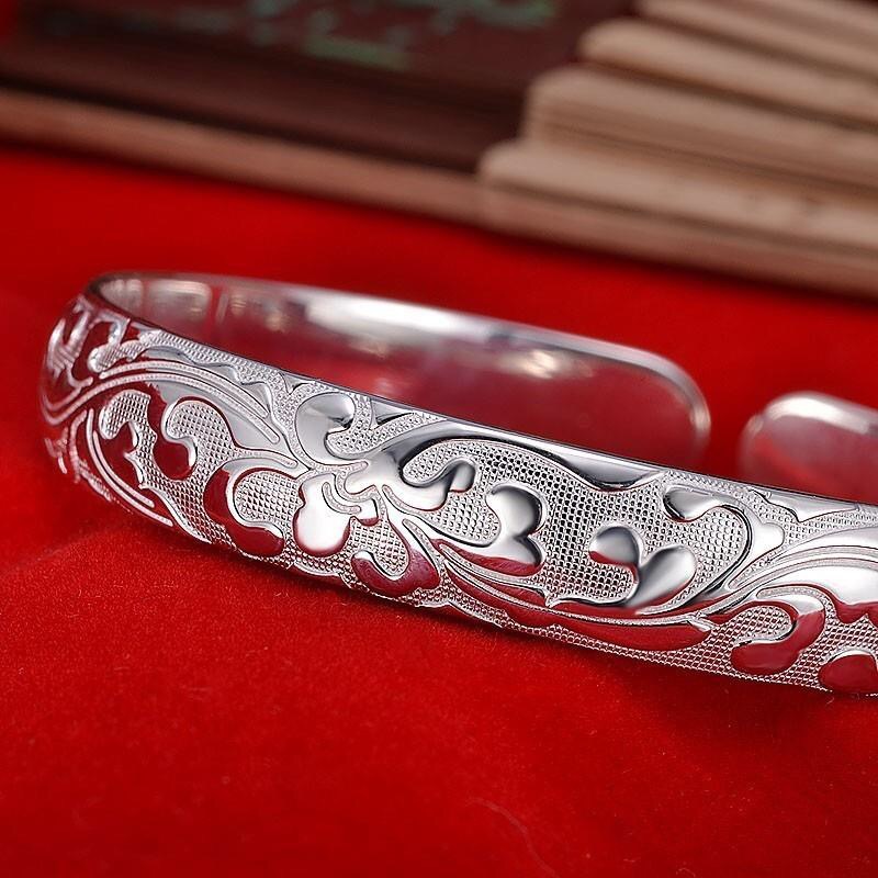 Silver bracelet with blooming flowers, love as blooming as flowers, silver-plated bracelet, open bracelet, silver jewelry, street stall supply, good gift pic 4