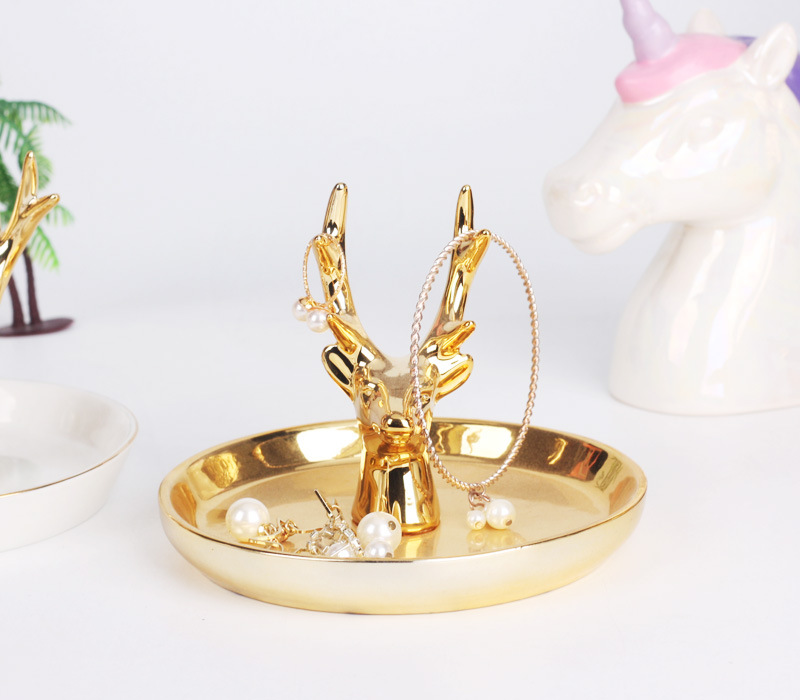Nordic gold-plated ceramic handicrafts, gift jewelry plates, rings, watches, home storage plates, golden deer animal ornaments pic 56